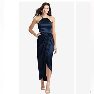 After Six Stretch Charmeuse Halter Midi with Draped Tulip Skirt Midnight Blue